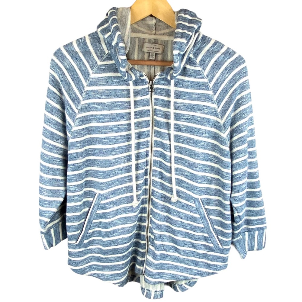 Lucky Brand Blue White Striped Zip Poncho Hoodie Sz S • Soft Terry • EUC
